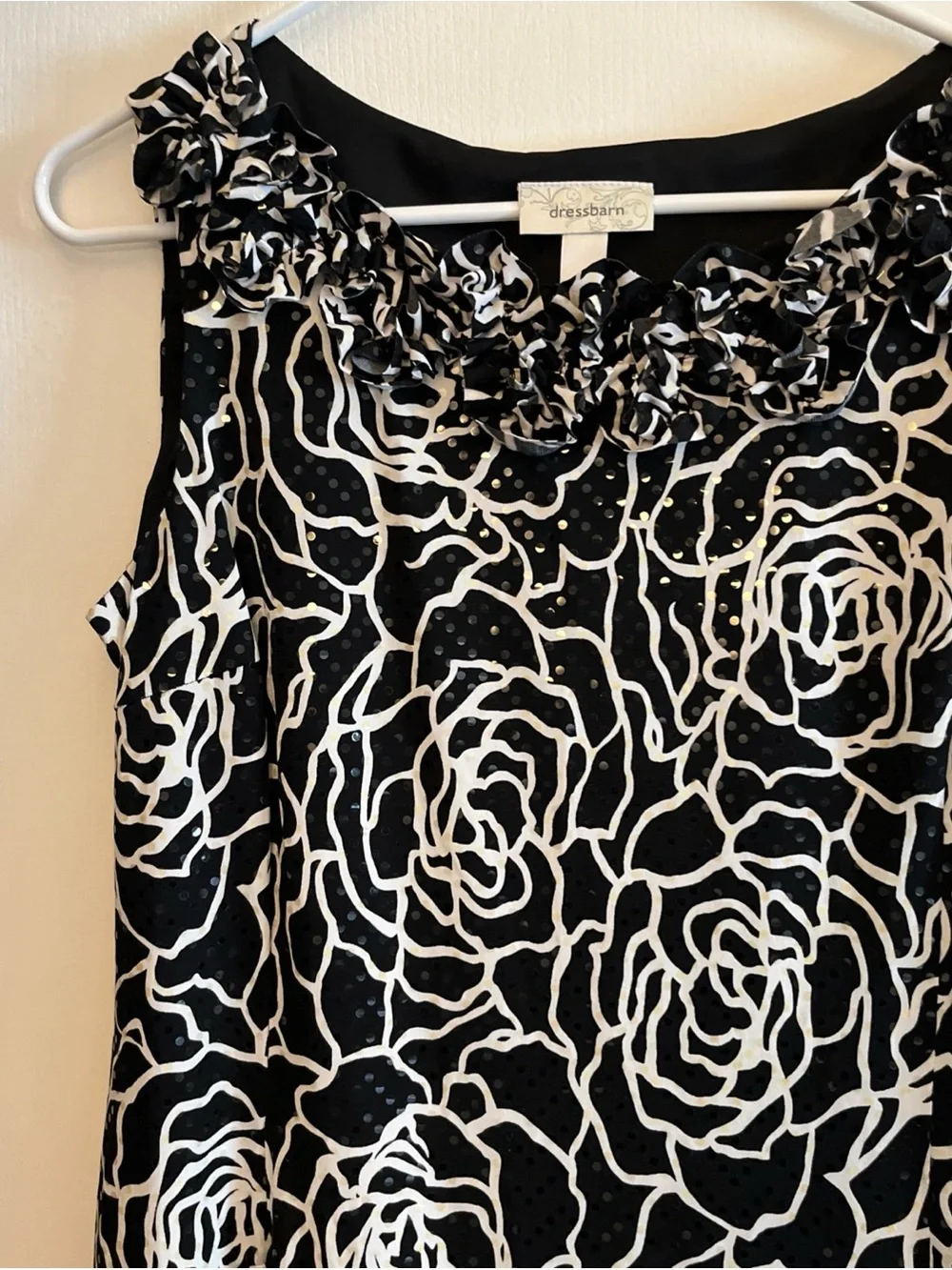 Dress Barn Black and White Rose-Print Ruffle-Neck Mini Dress